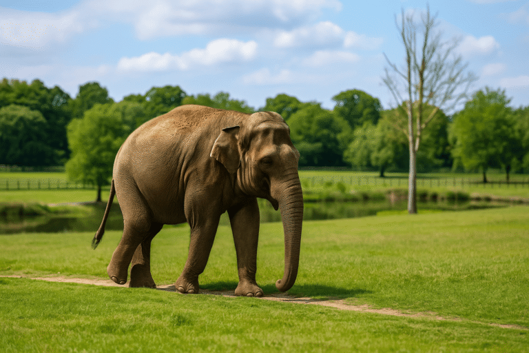 Asian elephant walking across grassy field at ZSL Whipsnade Zoo with countryside backdrop.