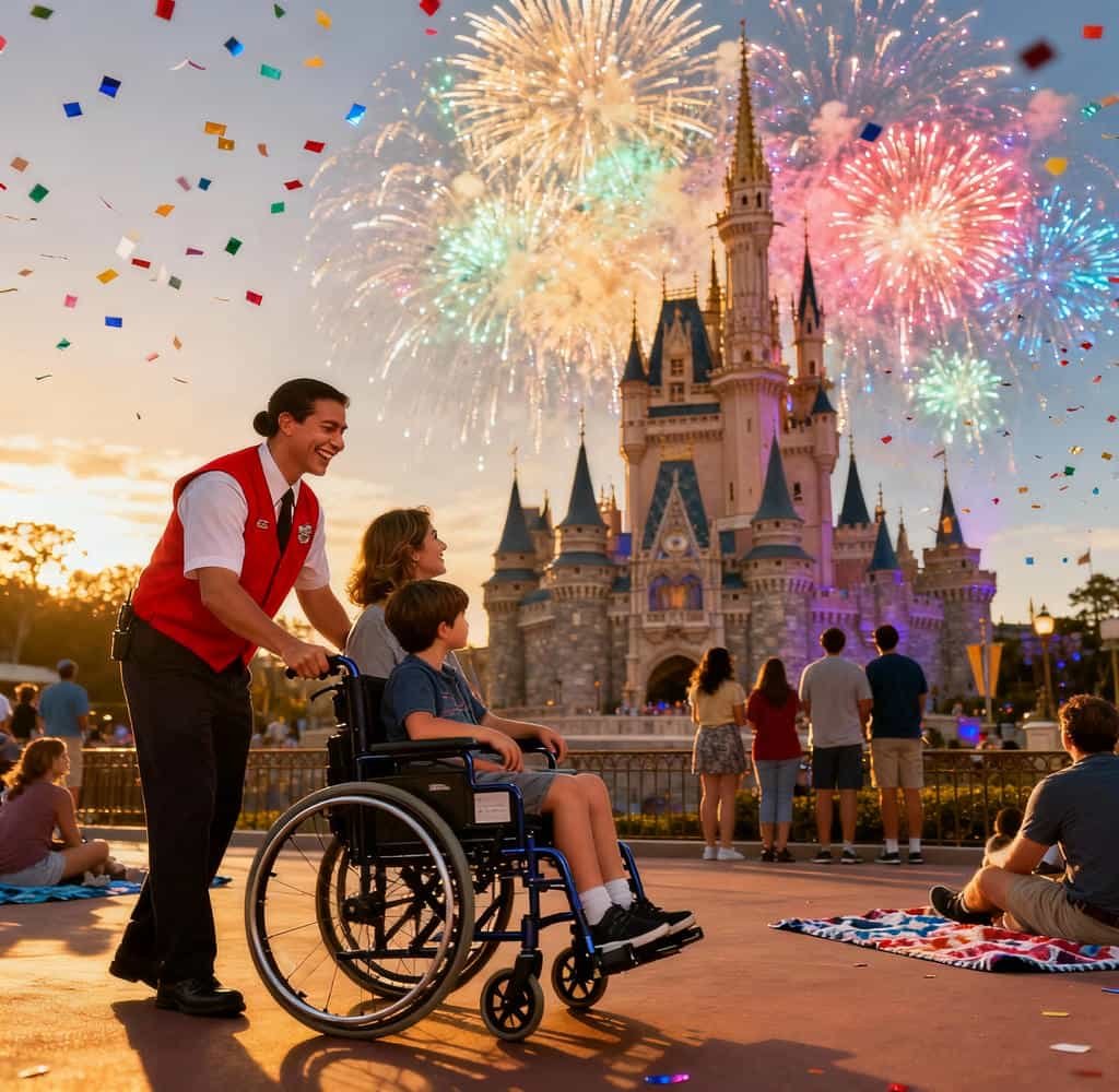 Accessible fireworks viewing area at Walt Disney World with family and staff