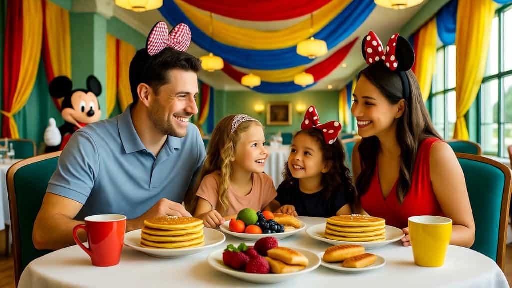 A happy family of four, wearing Minnie Mouse headbands, smiling and enjoying breakfast with pancakes in a brightly themed Disney resort restaurant with colorful banners and Mickey decor.