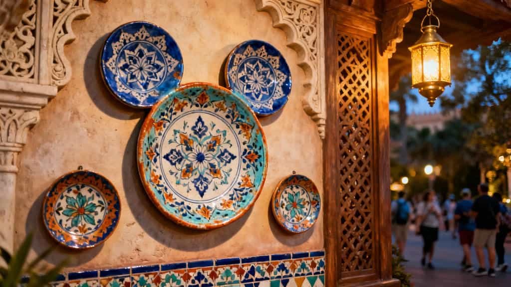 Classic Hidden Mickey formed by three decorative plates arranged in Mickey Mouse head and ears pattern on ornate Moroccan-themed wall at Epcot Disney park