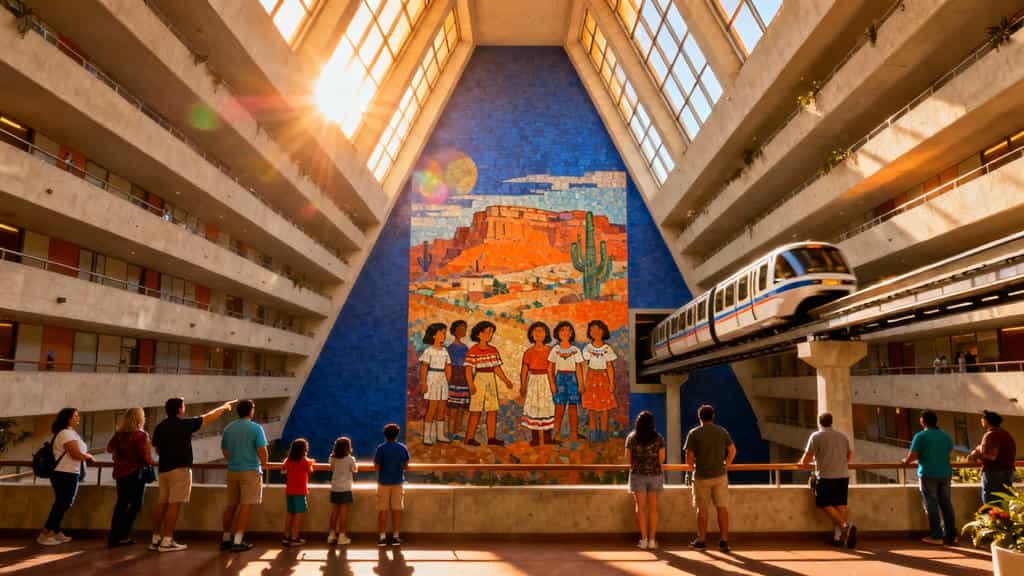 Interior view of Disney's Contemporary Resort Grand Canyon Concourse showing Mary Blair's colorful Southwestern mosaic mural with the monorail train passing through the nine-story A-frame atrium during afternoon golden hour