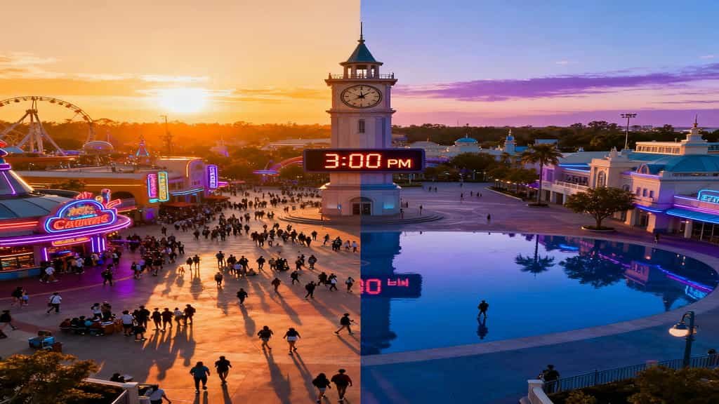 A vertical split photograph centered on a tall, white clock tower. The clock face displays a digital time of 3:00 PM. The image shows two contrasting scenes:

Left Side (Day/Sunset): A large crowd of people is walking through the square, illuminated by the warm light of a sunset and bright neon signage of amusement park rides.

Right Side (Night/Dusk): The square is nearly empty and bathed in the cool light of a purple and blue twilight sky. The architecture is reflected in a large, still pool of water. The overall image emphasizes the dramatic difference between a bustling afternoon and a quiet evening.