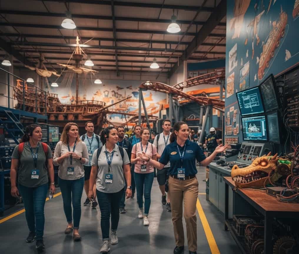A image of a small group of guests (tour participants) with a Disney Cast Member guide exploring a backstage area of a theme park, such as the utilidors, an attraction workshop, or an animal care facility.