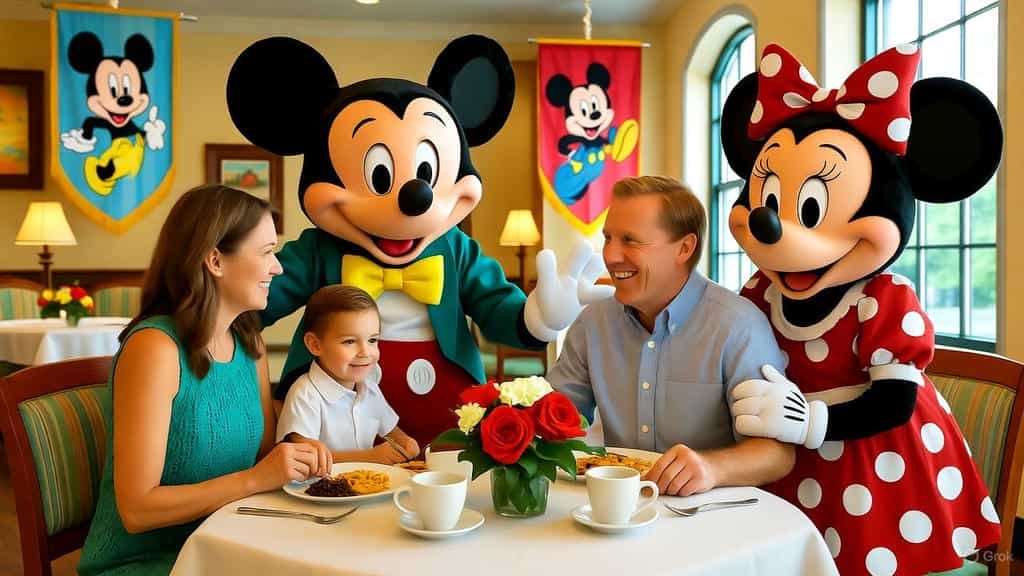 Disney Resort Dining Experiences in Florida: A Smiling family of three enjoying breakfast at a Disney resort with Mickey Mouse and Minnie Mouse standing beside their table, interacting warmly.
