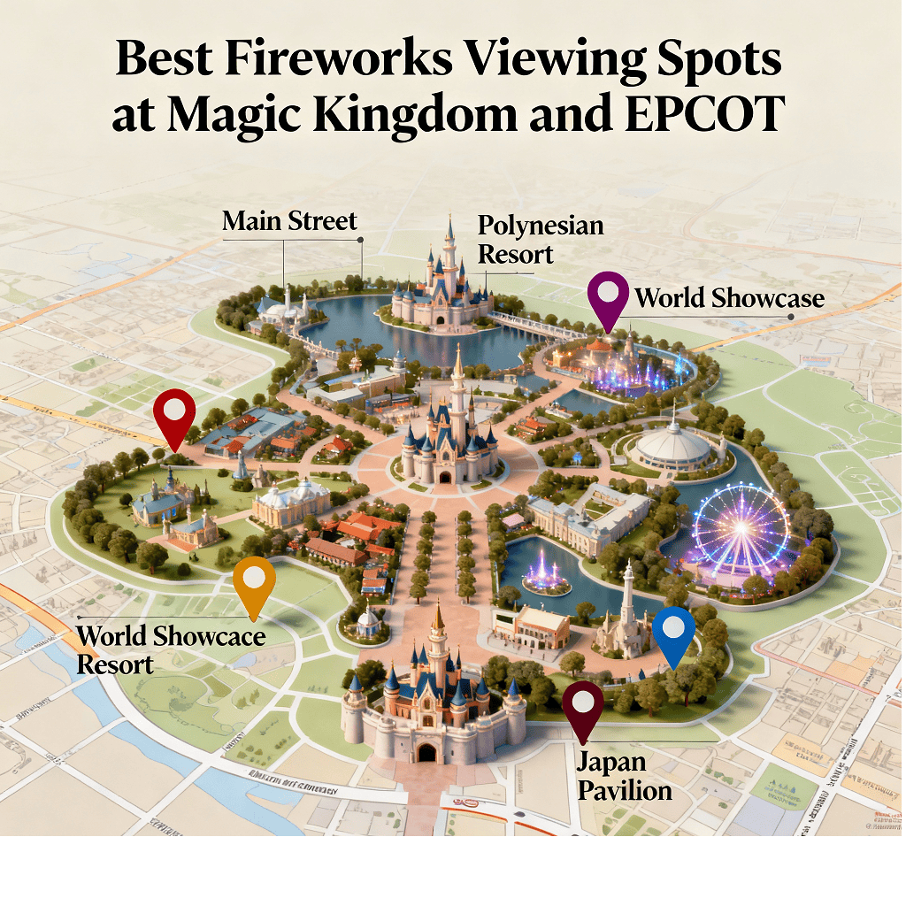 Map of the best fireworks viewing spots in Magic Kingdom and EPCOT