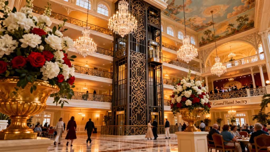Interior view of Disney's Grand Floridian Resort lobby showing ornate five-story caged elevators with ironwork, crystal chandeliers, hand-painted ceilings, and Victorian architecture in the elegant atrium during afternoon golden hour