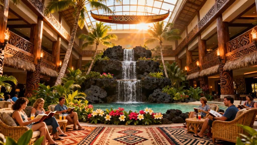 Interior view of Disney's Polynesian Village Resort Great Ceremonial House showing the three-story volcanic rock waterfall surrounded by tropical palm trees and lush vegetation in the open-air atrium during afternoon golden hour
