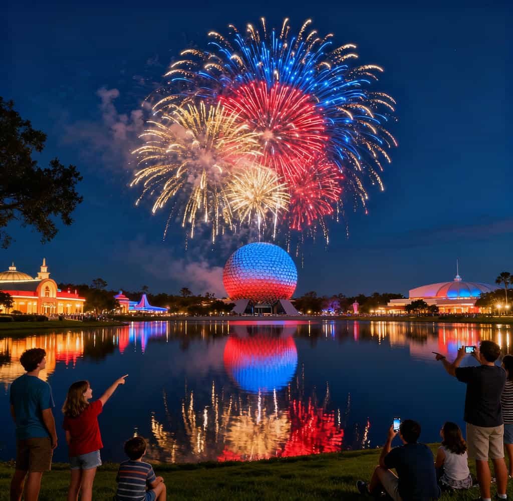 EPCOT fireworks over World Showcase Lagoon with reflections