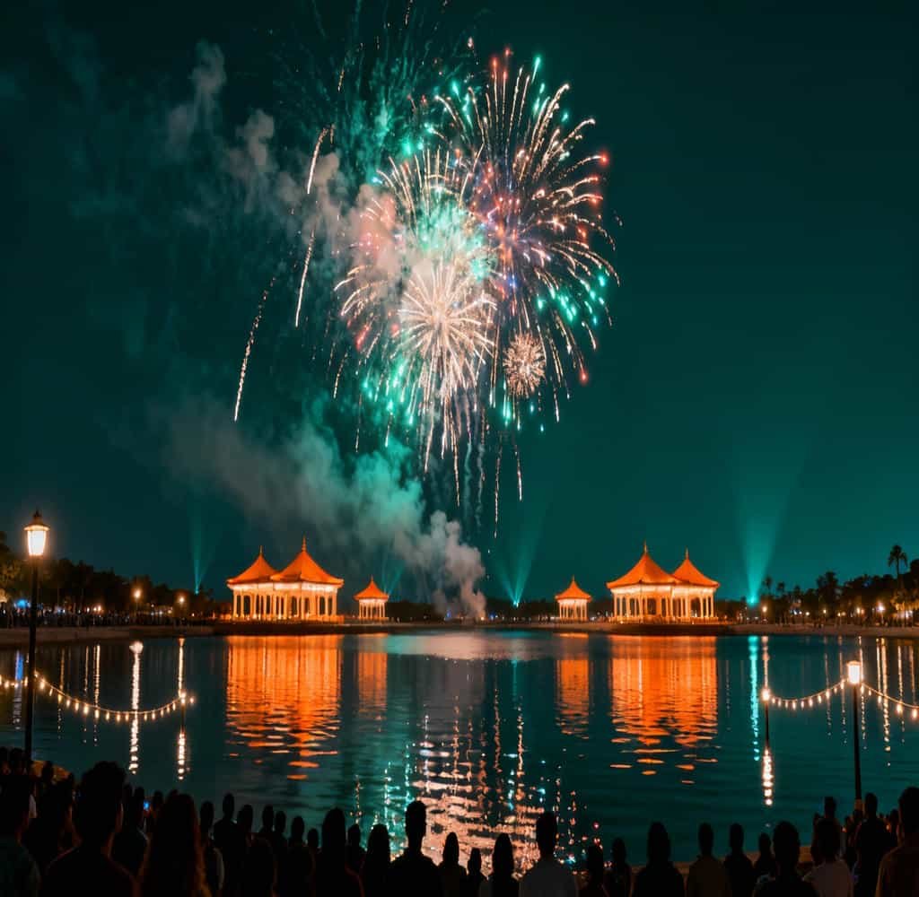 Epcot at night - World Showcase Lagoon lights up with fireworks and festivities
