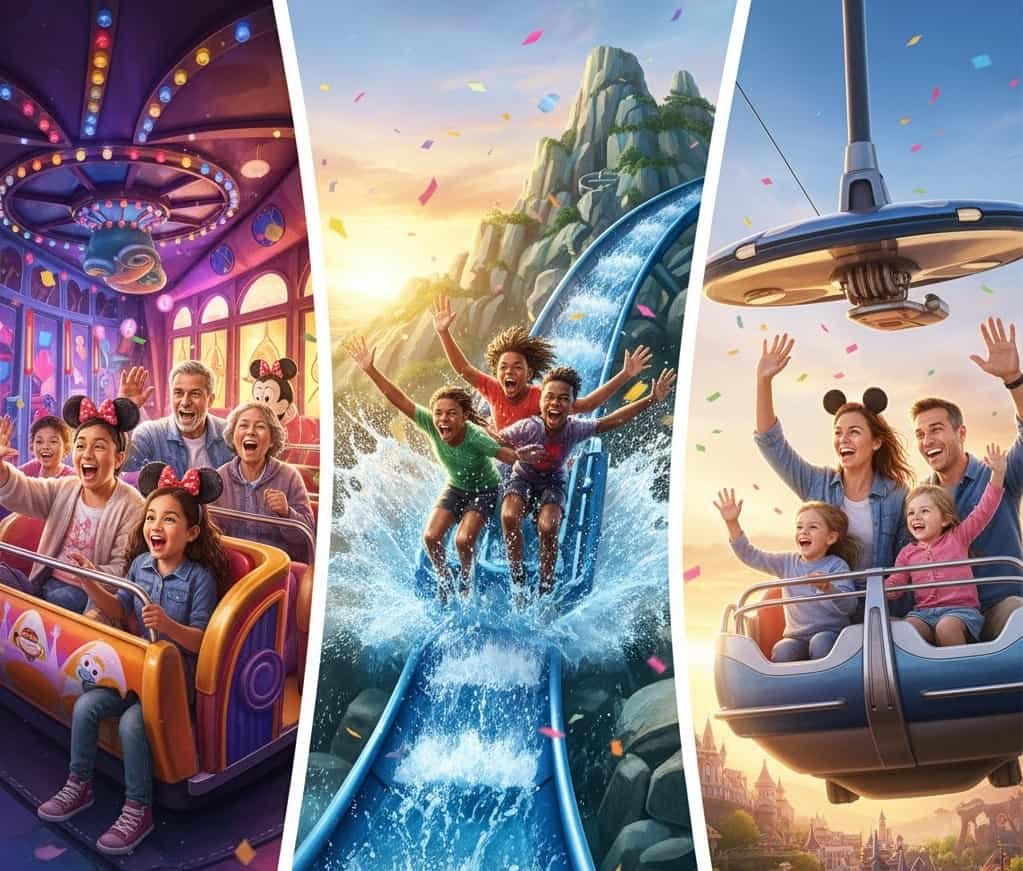 A image showing happy families (including children) on a popular, vibrant ride or attraction (e.g., a roller coaster, dark ride, or boat ride) inside one of the Walt Disney World theme parks.