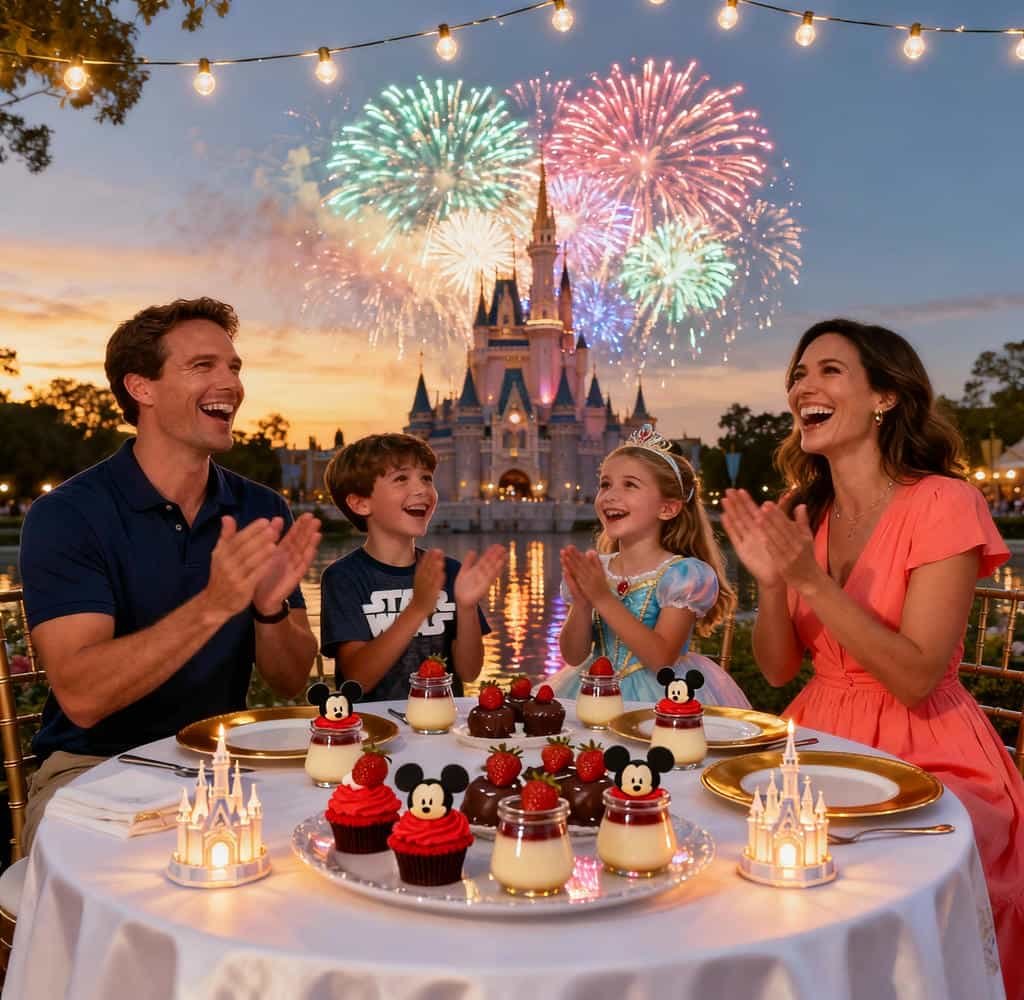 Family at Disney World fireworks dessert party, fireworks in background