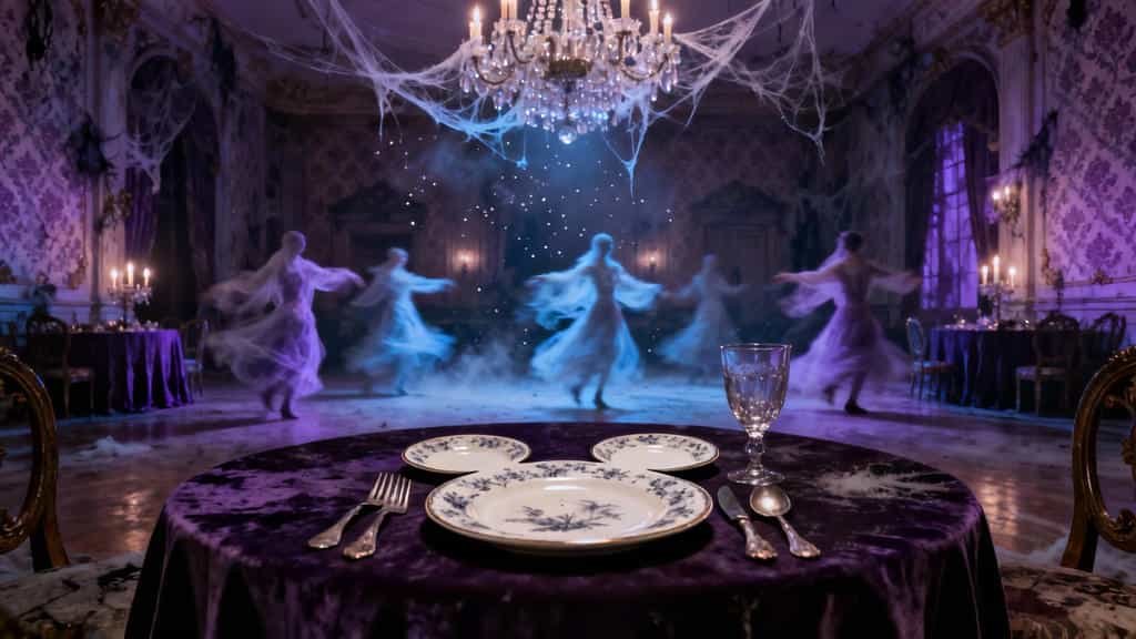 Three plates arranged in Hidden Mickey formation on elaborate Victorian banquet table in Haunted Mansion ballroom scene with ghostly dancers and atmospheric lighting at Disney