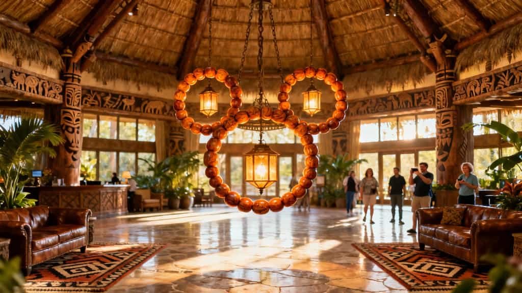 Hidden Mickey formed in floor tiles or chandelier in luxurious Disney resort hotel lobby with elegant architectural details, warm lighting and guests discovering Hidden Mickeys
