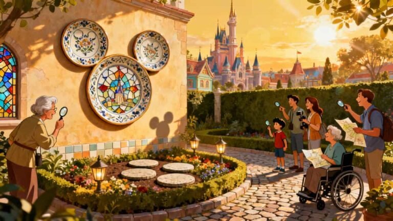 Classic Hidden Mickey formation showing three circles forming Mickey Mouse's iconic head and ears integrated into Disney park theming, with families searching for hidden details in the background and Disney castle visible, illustrating the Hidden Mickey treasure hunt experience
