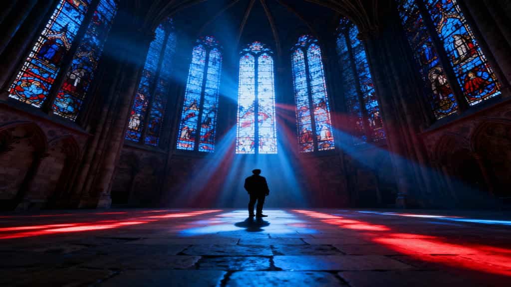 A dramatic photograph taken inside a large, dark gothic church or chapel. A lone person's silhouette stands in the middle of the frame, directly in front of a series of tall, brightly lit stained-glass windows. Beams of light pierce the darkness, with the central beams appearing intensely blue. The light hits the stone floor, creating sharp streaks of red, blue, and white color. The image emphasizes the scale and the overwhelming beauty of the stained glass and the resulting light effect.