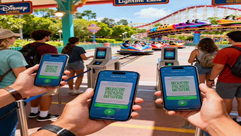 Three people hold up smartphones displaying a green Lightning Lane QR code for entry, preparing to scan them at the touchpoints to board a colorful roller coaster in the background.