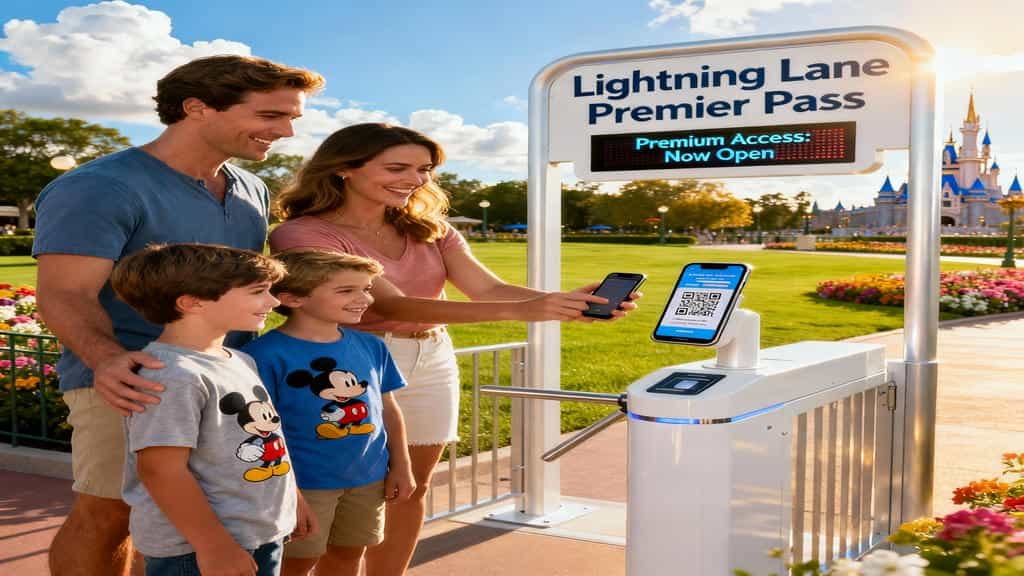 A happy family of four uses a mobile phone to scan a Lightning Lane Premier Pass QR code at a white turnstile entry gate, with the glowing Disney castle visible in the sunny background.
