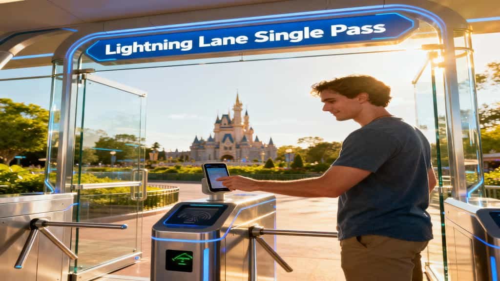 A man scans his smartphone against a futuristic, blue-lit Lightning Lane touchpoint at a turnstile gate, with Cinderella Castle visible in the sunlit background.