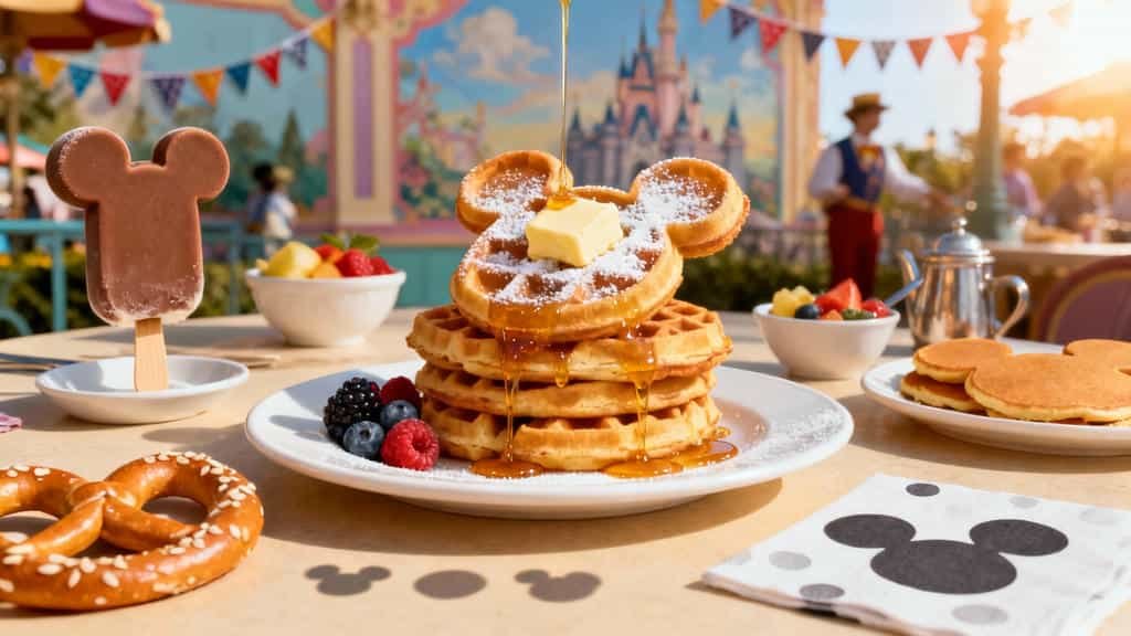Delicious Mickey-shaped waffles and Hidden Mickey themed food including ice cream bars and pretzels at Disney restaurant with colorful themed decor in background