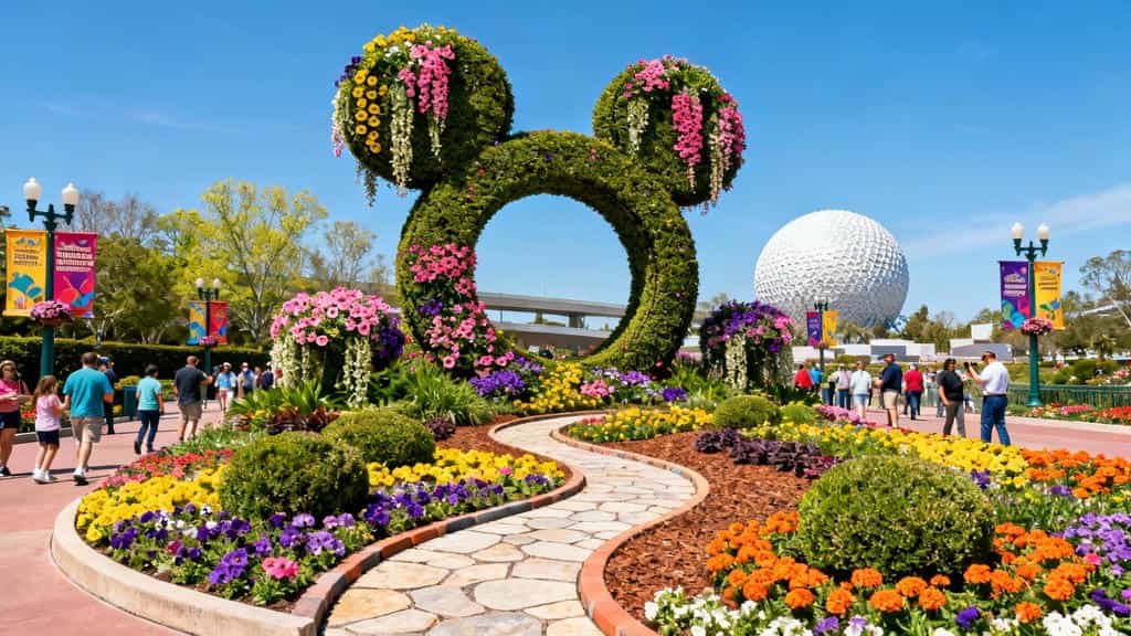 Large Hidden Mickey topiary with colorful flowers and lush greenery at Epcot International Flower and Garden Festival with Spaceship Earth in background and festival guests admiring seasonal display