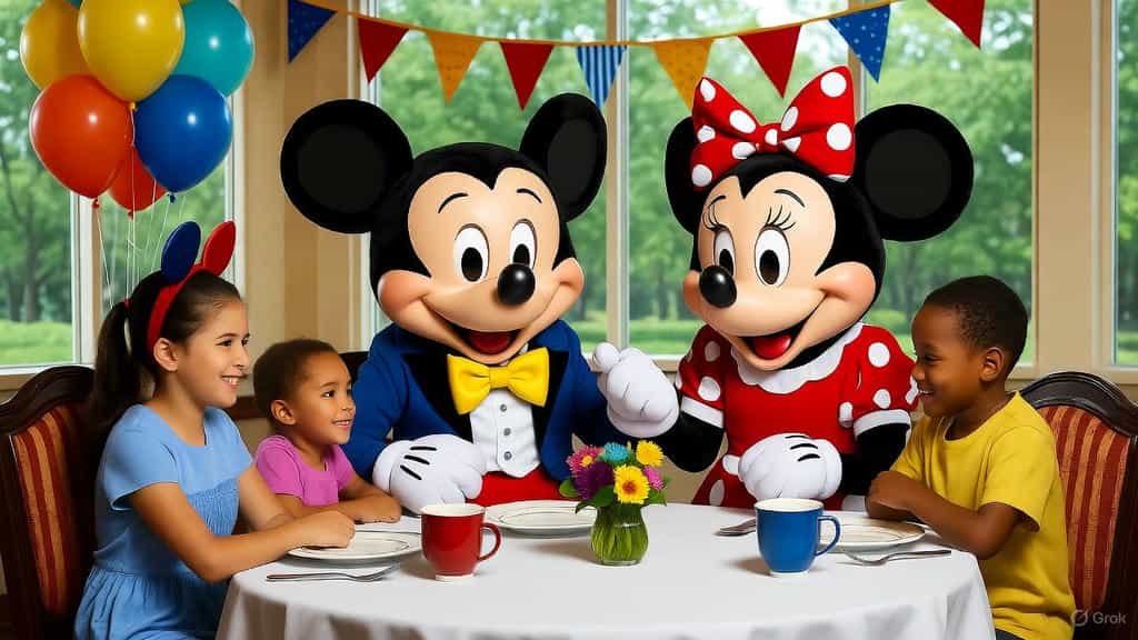 Mickey and Minnie character meet-and-greet with children at a themed Disney dining celebration.