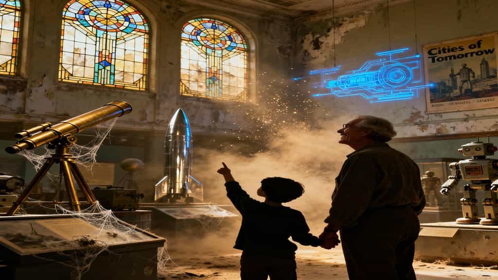 A photograph taken inside a dusty, abandoned museum. On the right, an elderly man with gray hair, wearing a dark shirt, holds the hand of a small child who is pointing up. They are looking at a glowing, blue, holographic schematic of a machine projected onto the decaying wall. The room is dimly lit, with light streaming through two large stained-glass windows in the background. In the foreground are a large brass telescope on a tripod, a metallic rocket model, and a few vintage toy robots. The room is covered in dust and cobwebs, suggesting a museum of forgotten dreams.