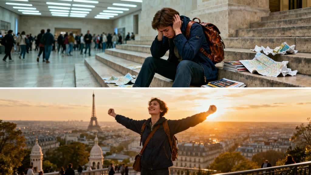 A horizontal diptych showing the emotional journey of a traveler.

Top Panel: A young man with a brown backpack sits hunched over on a flight of stone steps indoors, holding his head in his hands, surrounded by crumpled tourist maps. He appears stressed or overwhelmed by travel. A blurred crowd is visible in the background.

Bottom Panel: A young woman with curly hair and a backpack stands outdoors on a hill, facing a sunset view of Paris. She has her arms raised in triumph and a look of pure joy on her face, with the Eiffel Tower prominent in the background. The image contrasts the anxiety of logistics with the reward of travel freedom.
