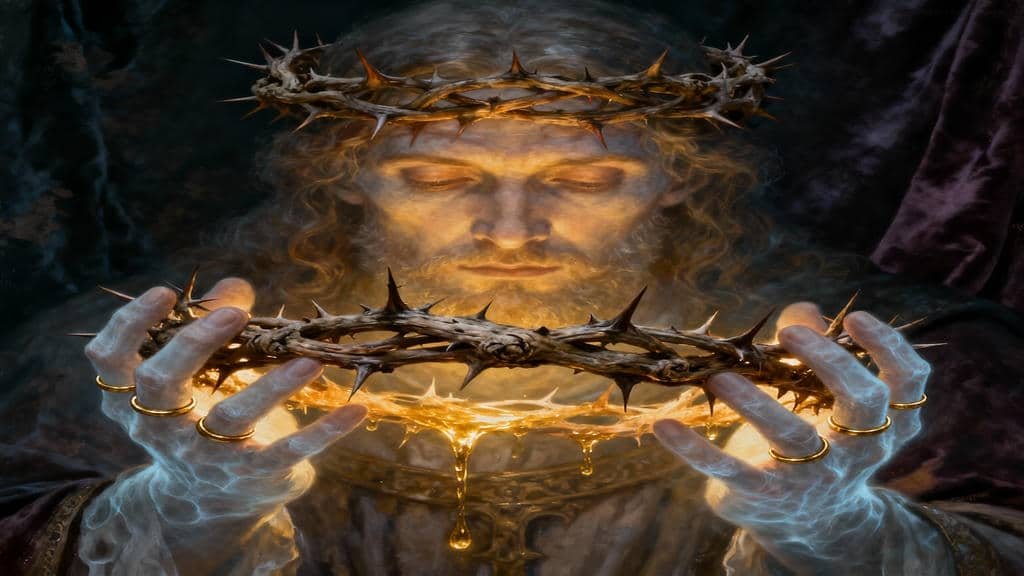 A dramatic, classical oil painting depicting a figure, likely Jesus Christ, with his eyes closed and illuminated by a warm, golden light. His hands, which glow with a cool, ethereal blue light, hold a twisted, spiky crown of thorns. A thick, golden liquid drips from the crown onto the dark background. A second crown of thorns rests on the figure's head. The image is highly symbolic, representing sacrifice and suffering.