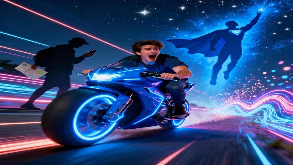 A surreal, high-speed night scene. A young man with an excited, open-mouthed expression is riding a futuristic blue motorcycle with glowing neon tires down a road. The road is covered in streaks of pink and blue light, indicating extreme speed. To the right, a translucent blue silhouette of a flying superhero with a cape and glowing emblem soars into the sky. To the left, a dark silhouette of an ordinary person with a backpack and map, looking at a phone, is being left behind. The sky is dark and filled with stars.