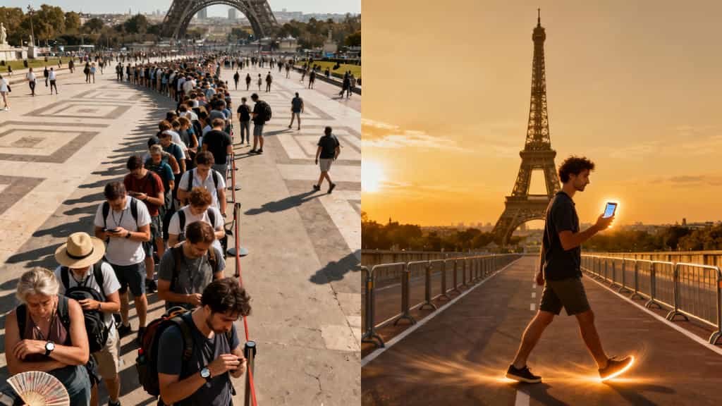 A vertical diptych showing a contrast between crowds and solitude near the Eiffel Tower in Paris.

Left Side: A long, dense queue of tourists standing shoulder-to-shoulder on a wide plaza, waiting in line. Almost every person is looking down at a cell phone. The Eiffel Tower is visible in the distance.

Right Side: A single man walks alone on an elevated walkway, silhouetted against a brilliant orange sunset. He holds a glowing blue cell phone, and his feet are surrounded by a magical yellow glow as he walks toward the silhouetted Eiffel Tower. The contrast highlights mass tourism versus a singular, digitally-enhanced journey.