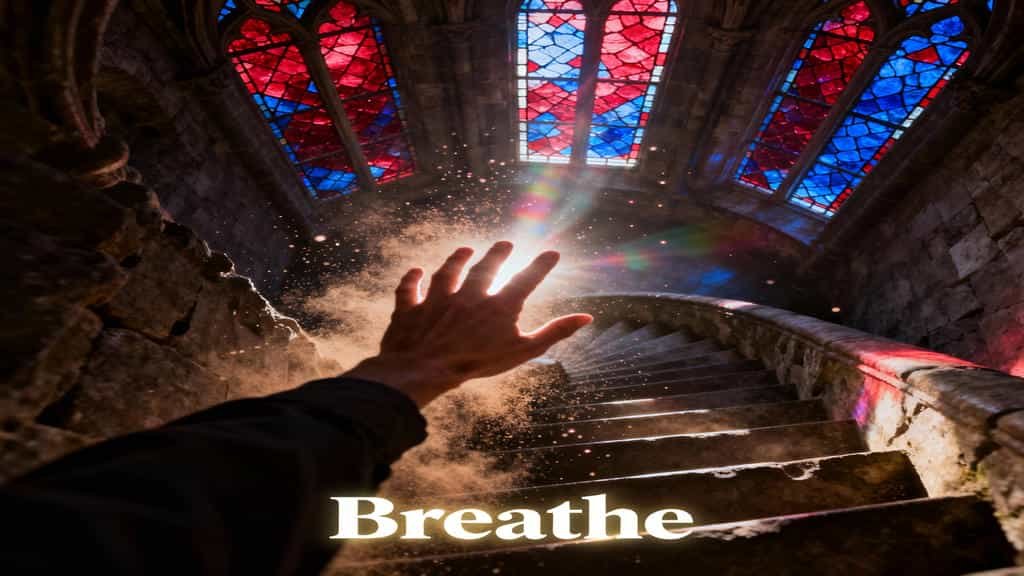 A dramatic photograph looking up a circular, winding stone staircase inside a dark, gothic tower. At the top, three windows filled with red and blue fractured stained glass let in a bright light, which creates a powerful sun flare and illuminates a cloud of dust or glowing particles. A hand reaches out into the light, with the perspective suggesting the viewer is ascending. The word "Breathe" is written in large, glowing white text at the bottom center of the image.