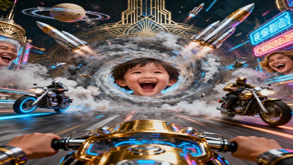 A highly stylized and surreal image from the first-person perspective of a person riding a gold motorcycle. The rider's hands are gripping the handlebars, which is steering toward a black hole vortex. Emerging from the center of the vortex is the giant, laughing face of a young child. Surrounding the vortex are rockets blasting off, other people on motorcycles, and the laughing faces of two adults framed by neon signs. The background features a dark, cosmic sky with a ringed planet and ornate, Art Deco architecture.