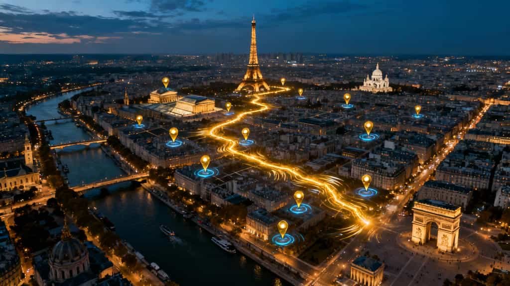 An aerial nighttime photograph of the city of Paris. The Eiffel Tower is brightly lit in the background. The cityscape is covered in a dense pattern of streetlights. A luminous, wavy gold light path travels across the city streets, connecting several glowing yellow map location pins that are placed over major landmarks, including the Arc de Triomphe and the Louvre. The Seine River also flows through the scene. The image represents a high-level digital strategy or connected logistics network within the urban environment.