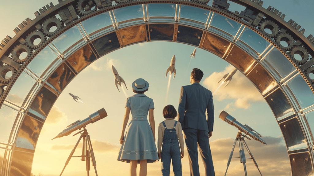 A family of three, dressed in mid-century attire, stands with their backs to the viewer beneath a large, ornate, gear-covered metal archway. They are looking up at several white, cone-nosed rockets flying into a sunny, blue sky. Two large, brass telescopes on tripods are positioned to the left and right of the family. The image evokes a nostalgic, retro-futuristic vision of space travel.