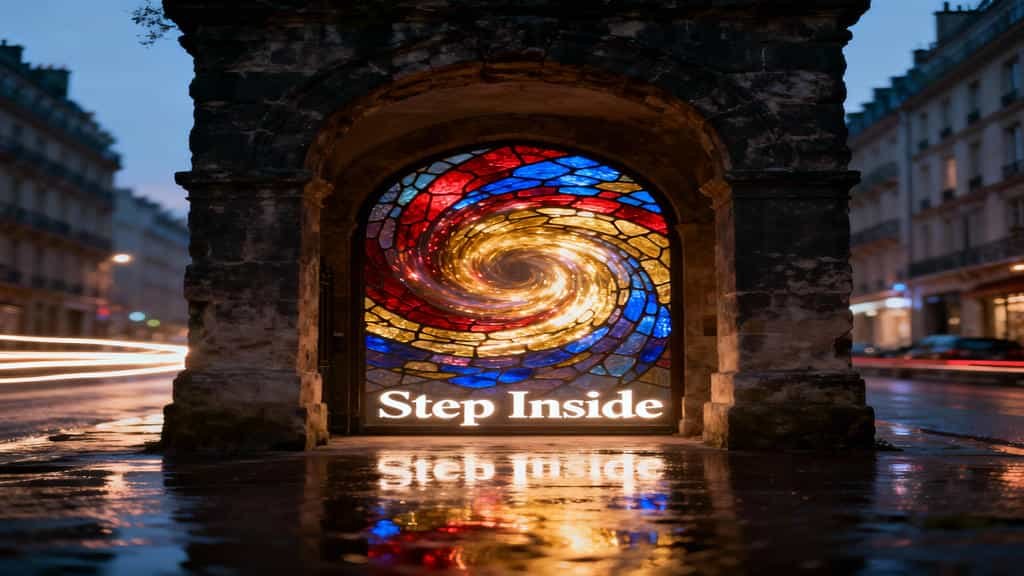 A photograph taken at night on a wet city street lined with multi-story buildings and light trails from traffic. In the foreground, a dark, weathered stone archway frames a dramatic, illuminated gateway. This gateway is filled with a swirling, circular stained-glass window of red, blue, and yellow colors, resembling a vortex. The white text "Step Inside" is superimposed over the lower portion of the stained glass, and the vibrant colors are reflected in the wet pavement below.
