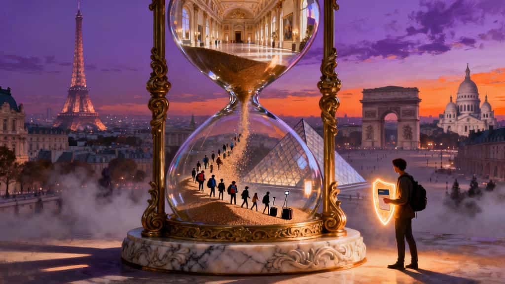 A surreal and symbolic image set in Paris at dusk. In the foreground is a gigantic, ornate hourglass resting on a marble base. Inside the hourglass, a stream of sand forms a pathway upon which a line of tourists slowly walks up from the bottom chamber (which contains the Louvre Pyramid) to the top chamber (which depicts a grand museum gallery). In the bottom right, a young man with a backpack looks toward the hourglass, holding a glowing, orange shield-like device. The background features the silhouetted landmarks of Paris, including the Eiffel Tower, the Arc de Triomphe, and the Sacré-Cœur Basilica, under a vibrant purple and orange sky.