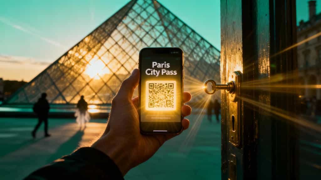 A close-up photograph capturing a hand holding a black smartphone that displays a bright, glowing yellow QR code for a "Paris City Pass." The phone is aligned with an open, old wooden door and a prominent brass key is visible in the lock. Through the doorway, the Louvre Pyramid in Paris is visible, silhouetted against a brilliant sunset or sunrise, with bright sun rays streaming past the doorframe. The image visually represents a digital key unlocking a physical gateway to a major landmark.