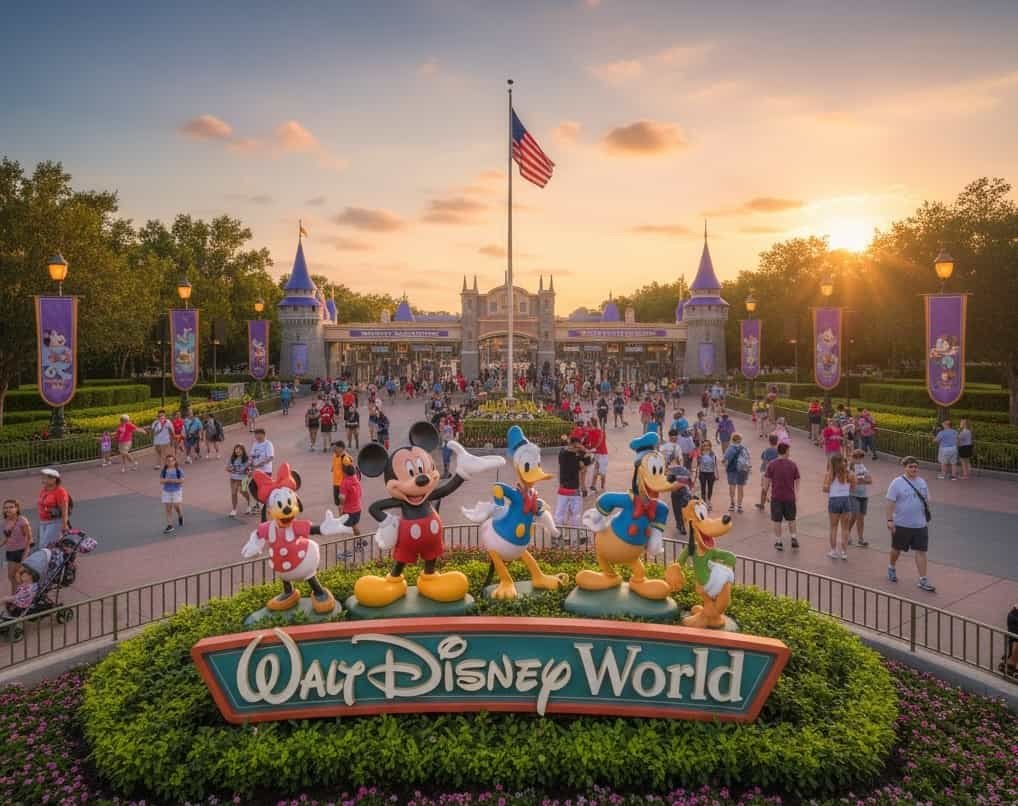 A image of the main entrance area of a Walt Disney World theme park (e.g., Magic Kingdom, Epcot, Hollywood Studios, or Animal Kingdom), showing the ticket booths, turnstiles, and welcoming signs in great detail.