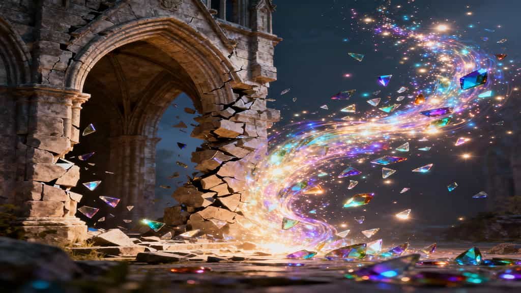 A fantastical, dark photograph of the ruins of a gothic archway or cathedral entrance. The stone on the lower right side of the arch is actively crumbling and exploding outward. The fragments of the collapsing stone are transforming into a swirling stream of golden light and sparkling particles, which is carrying a massive amount of rainbow-colored, geometric crystals and gems upward into the dark sky. The ground is littered with fallen crystals. The image suggests a powerful magical transformation.
