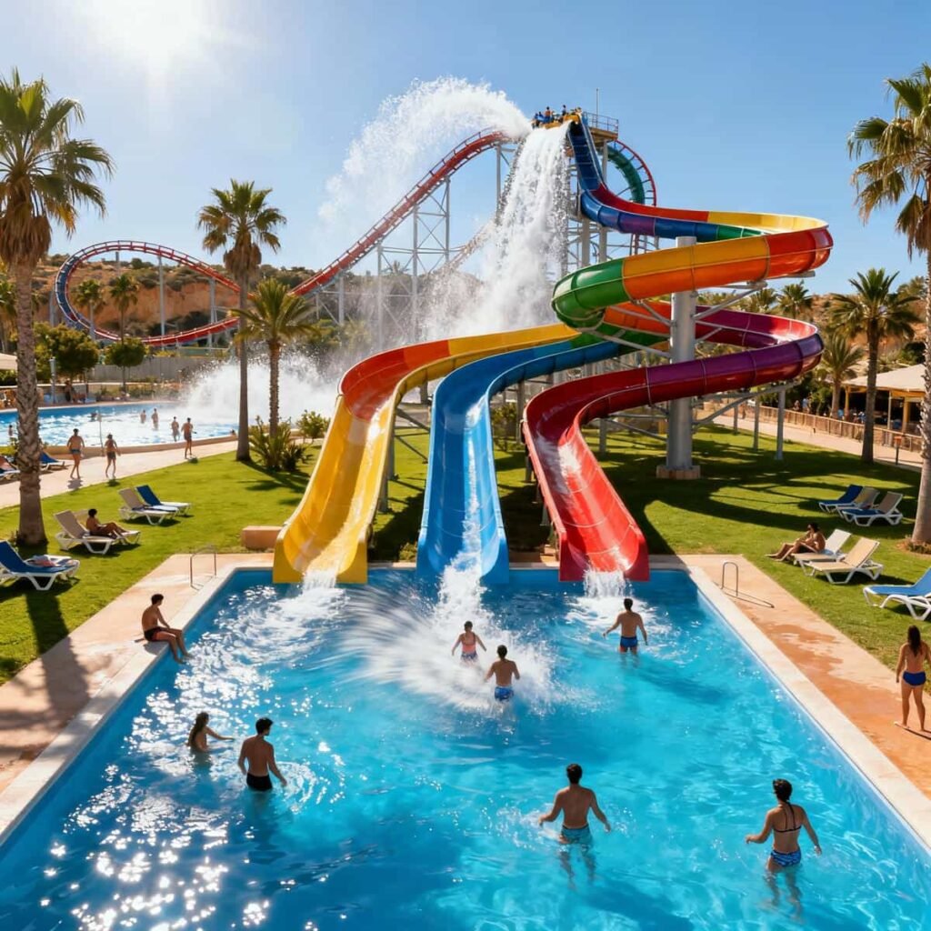 Aquashow Park Tickets: Visitors enjoying slides and pools at Aquashow Park, Algarve, under blue skies.