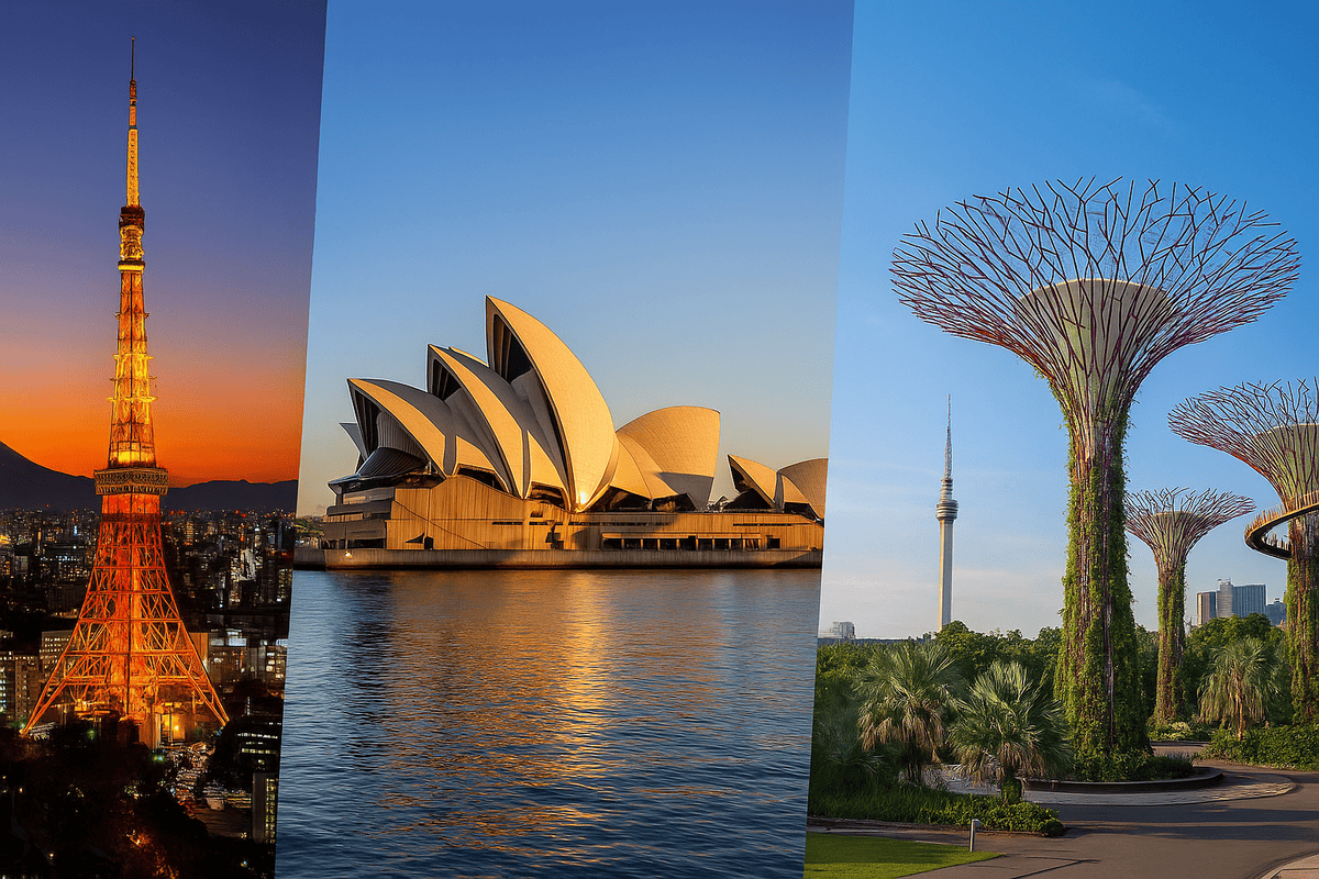 Asia & Pacific Attraction Tickets: A scenic image featuring Tokyo Tower, Sydney Opera House, and Singapore’s Supertree Grove, symbolising top Asia-Pacific attractions.