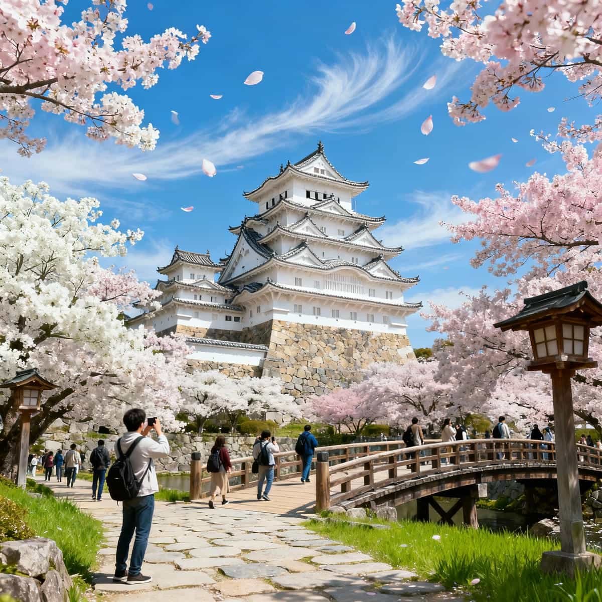 Asia-Pacific Castles & Heritage: Himeji Castle surrounded by cherry blossoms with visitors exploring