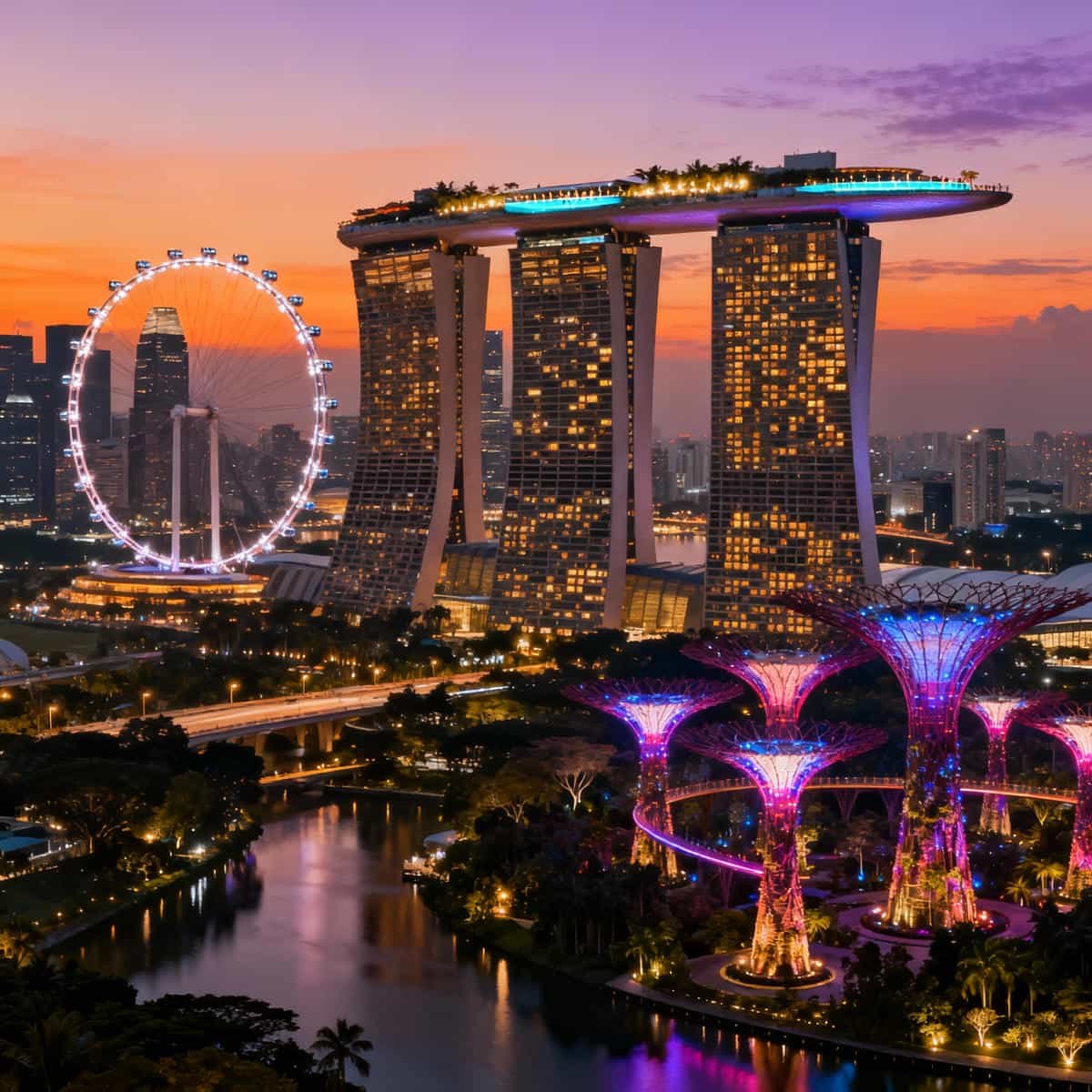 Marina Bay Sands, Singapore Flyer, and Gardens by the Bay lit up at dusk