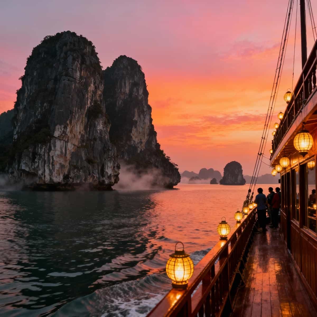 Asia-Pacific Cruises: A Cruise boat sailing through Halong Bay at sunset with limestone karsts