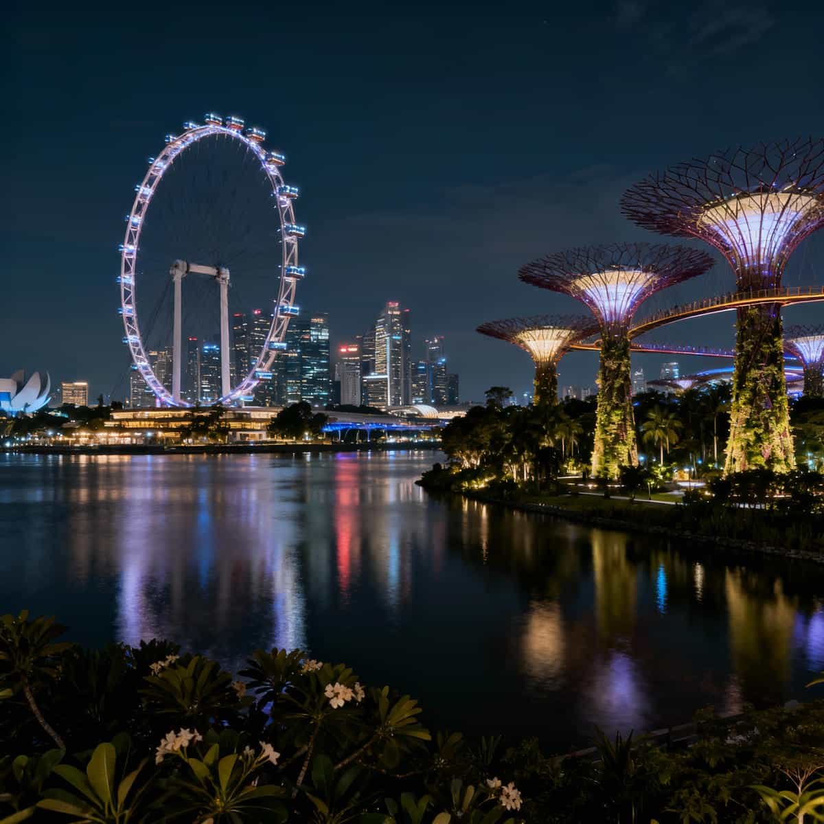 Singapore Flyer and Gardens by the Bay illuminated at night