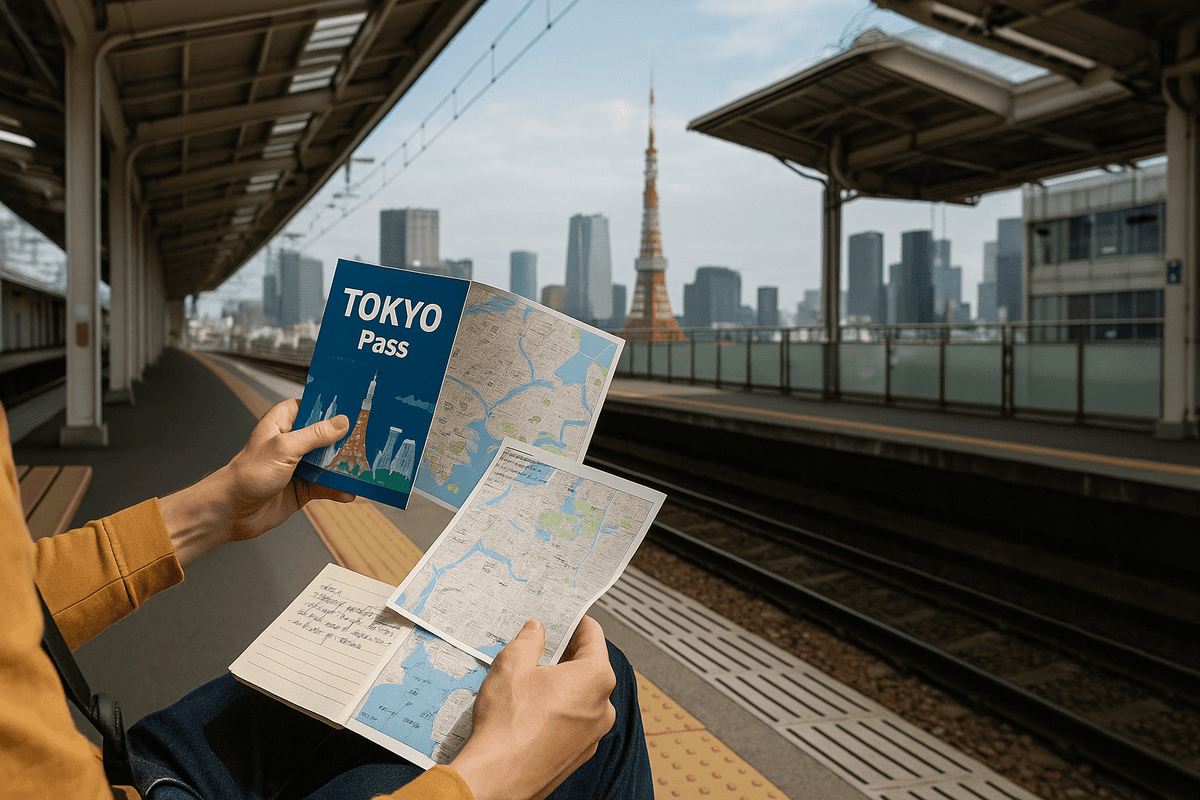 Tourist in Tokyo with passes and a map, preparing a sightseeing itinerary with Tokyo Tower in the background