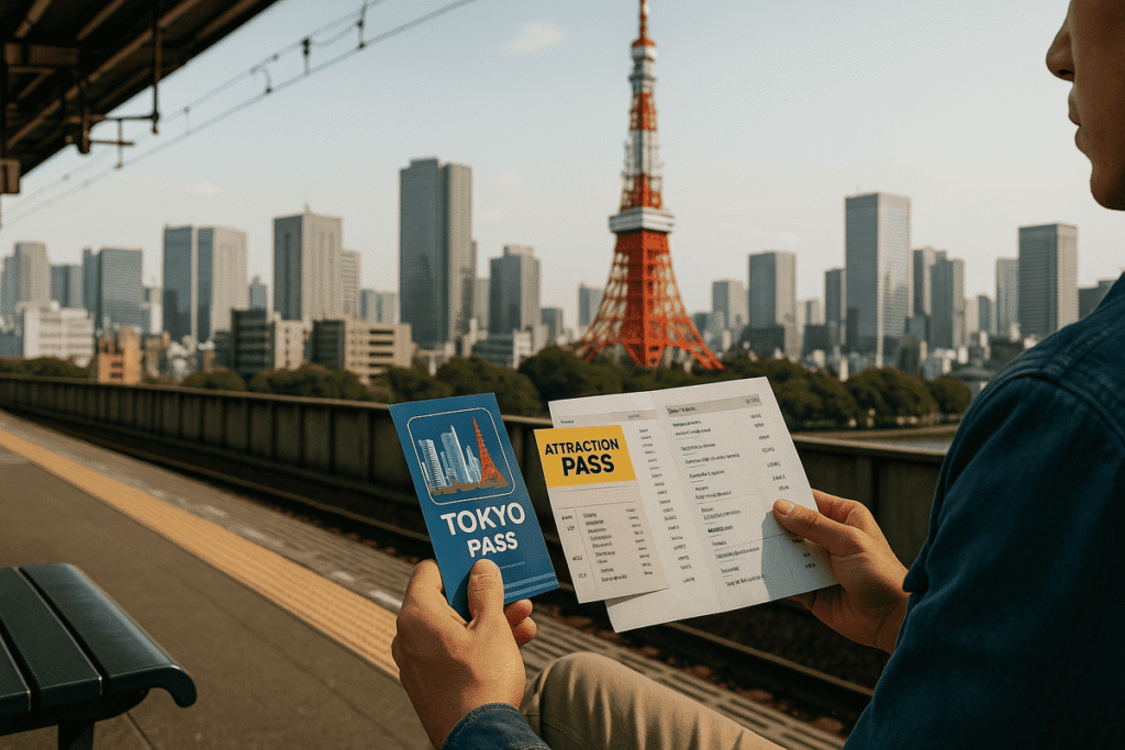 Tourist in Tokyo with Tokyo Tower in background, checking attraction passes and itineraries at a station