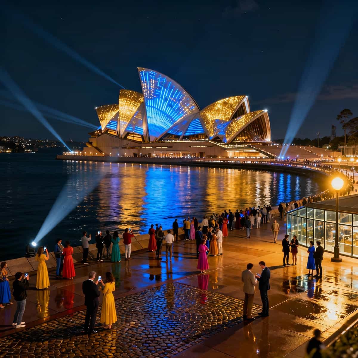 Sydney Opera House illuminated at night with crowds gathering outside