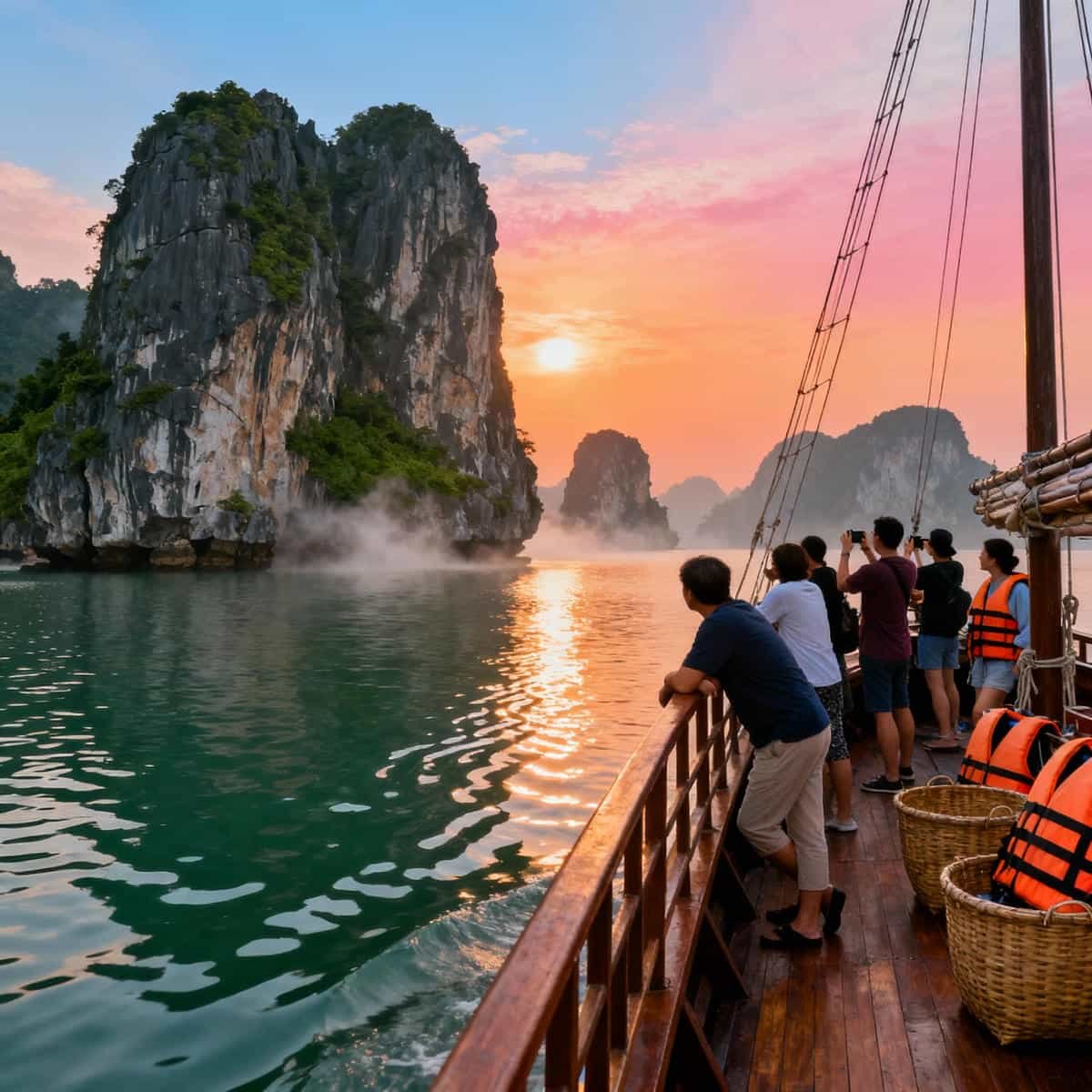 Tourists on a boat tour in Halong Bay at sunrise with limestone cliffs