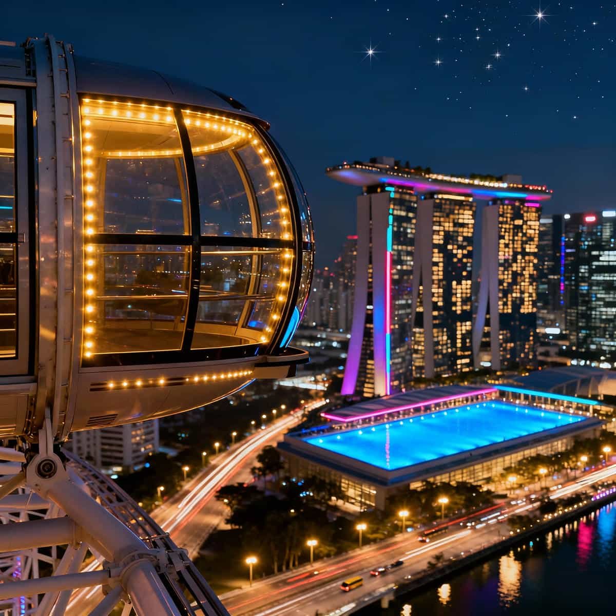 Singapore Flyer capsules lit up at night with Marina Bay Sands in view